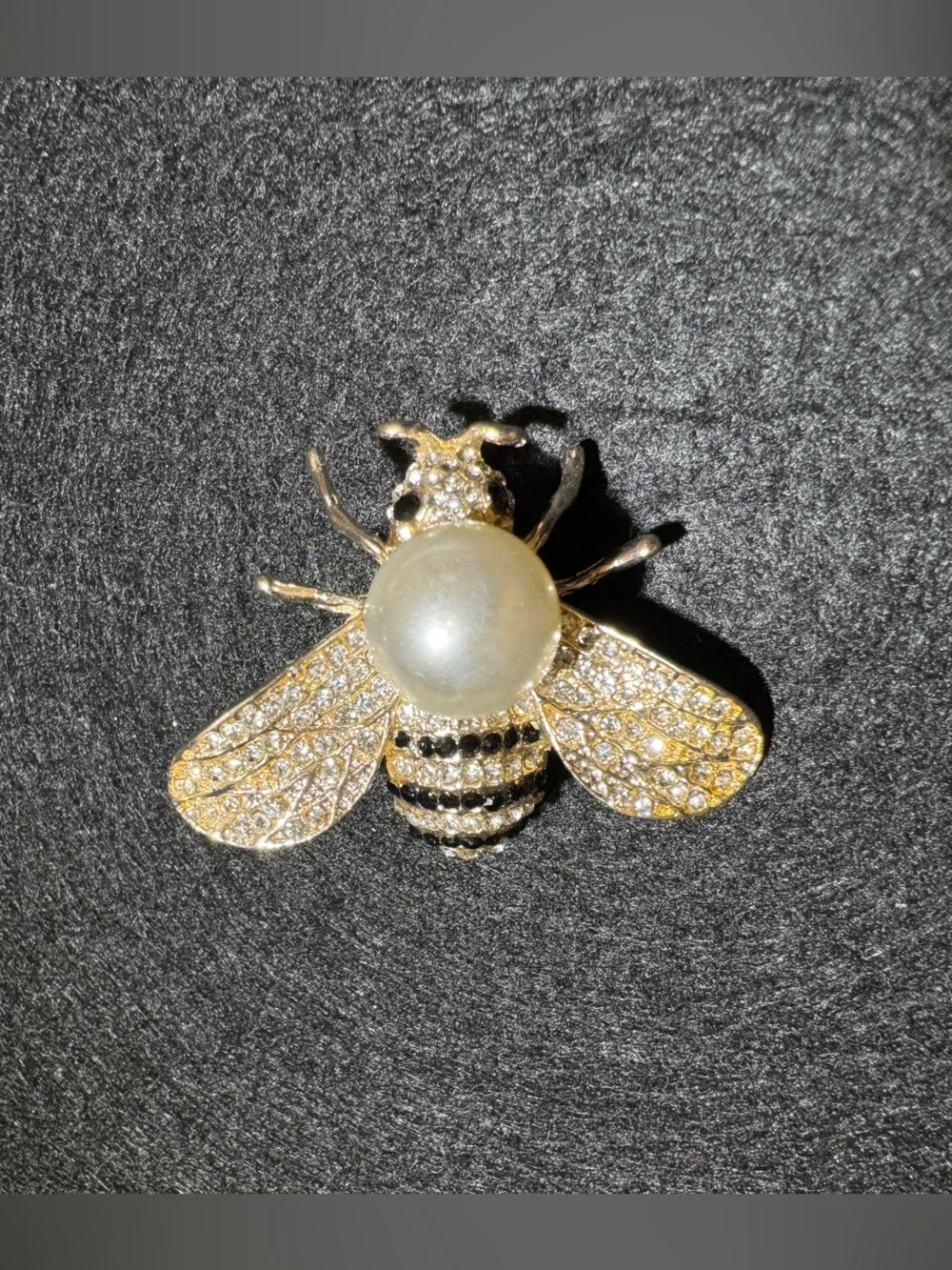 Gold Bee Brooch with Pearl Accent and Clear/Black Crystals